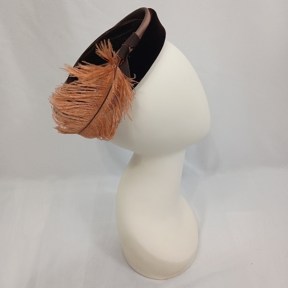 Vintage 50s Brown Bumper Brim Pill Box Hat with Feathers Coffee Espresso - Picture 4 of 7
